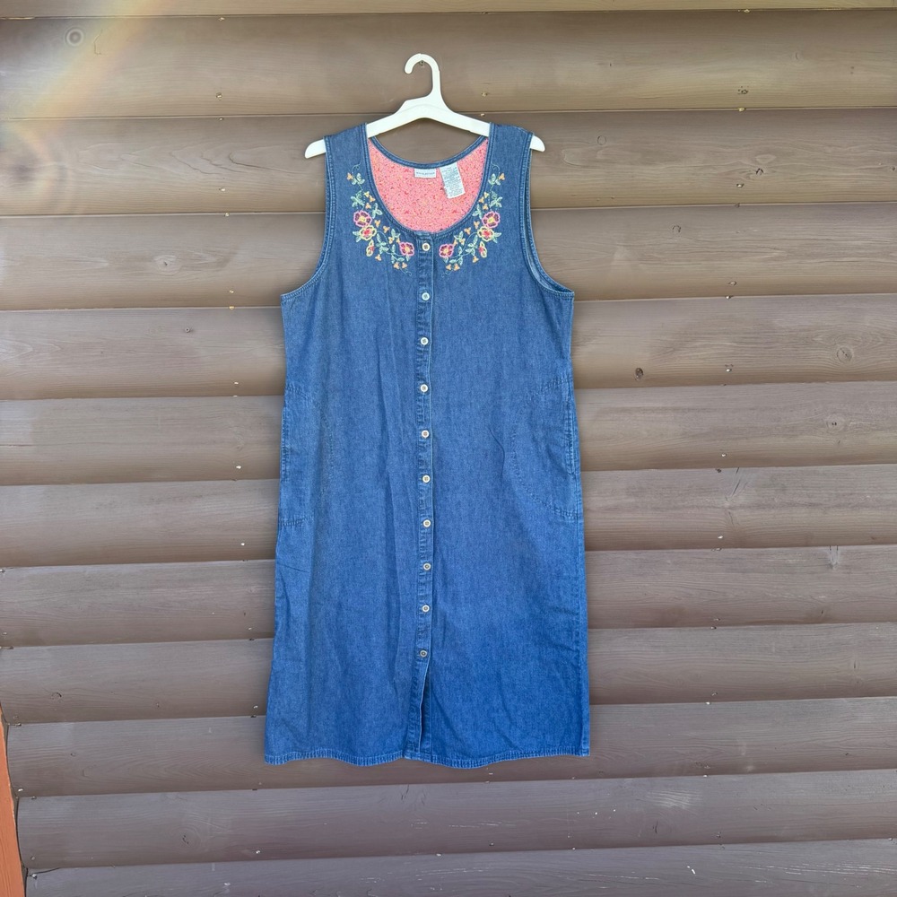 White Stag Denim Jumper Dress Womens XL Blue Floral Embroidered Button Front